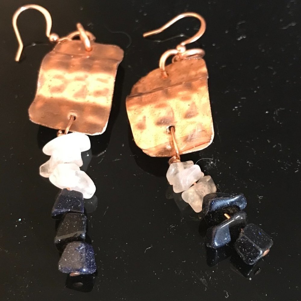 Pure Copper Earrings Sunstone Rose Quartz Drop Dangle Gift Handmade Natural Boho